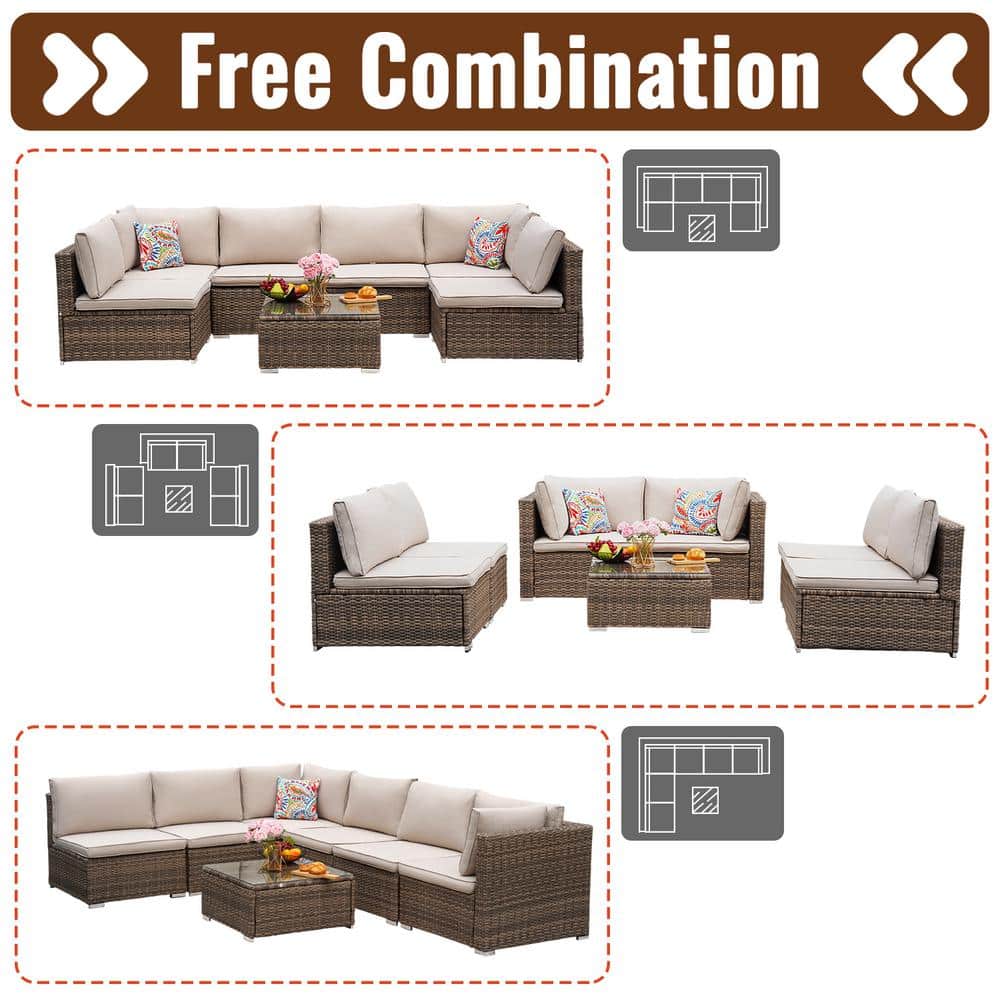 Upgrade Your Patio with AJUNION 7 Piece Furniture Set in Brown Cushions and PE Rattan
