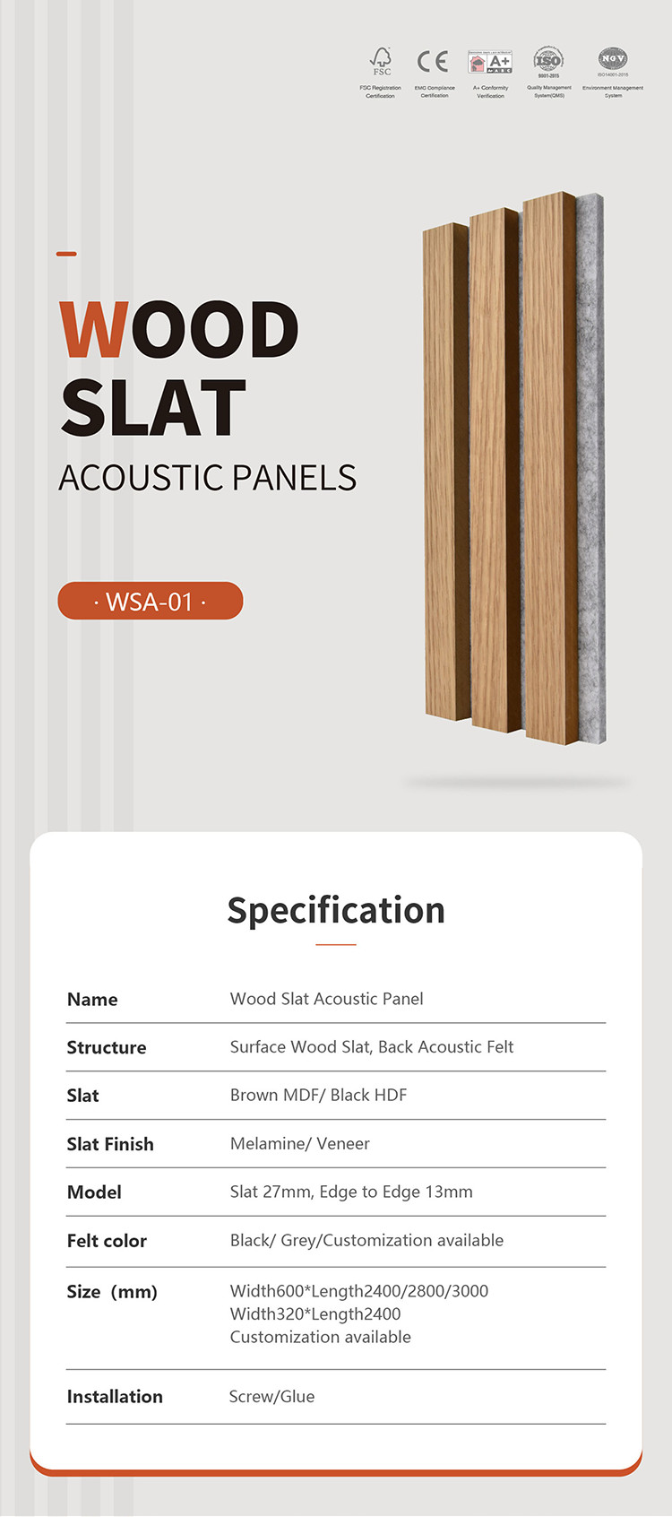 Natural Wood Slat Acoustic Wall Panels Fire Retardant 0.85 NRC Sound Absorption