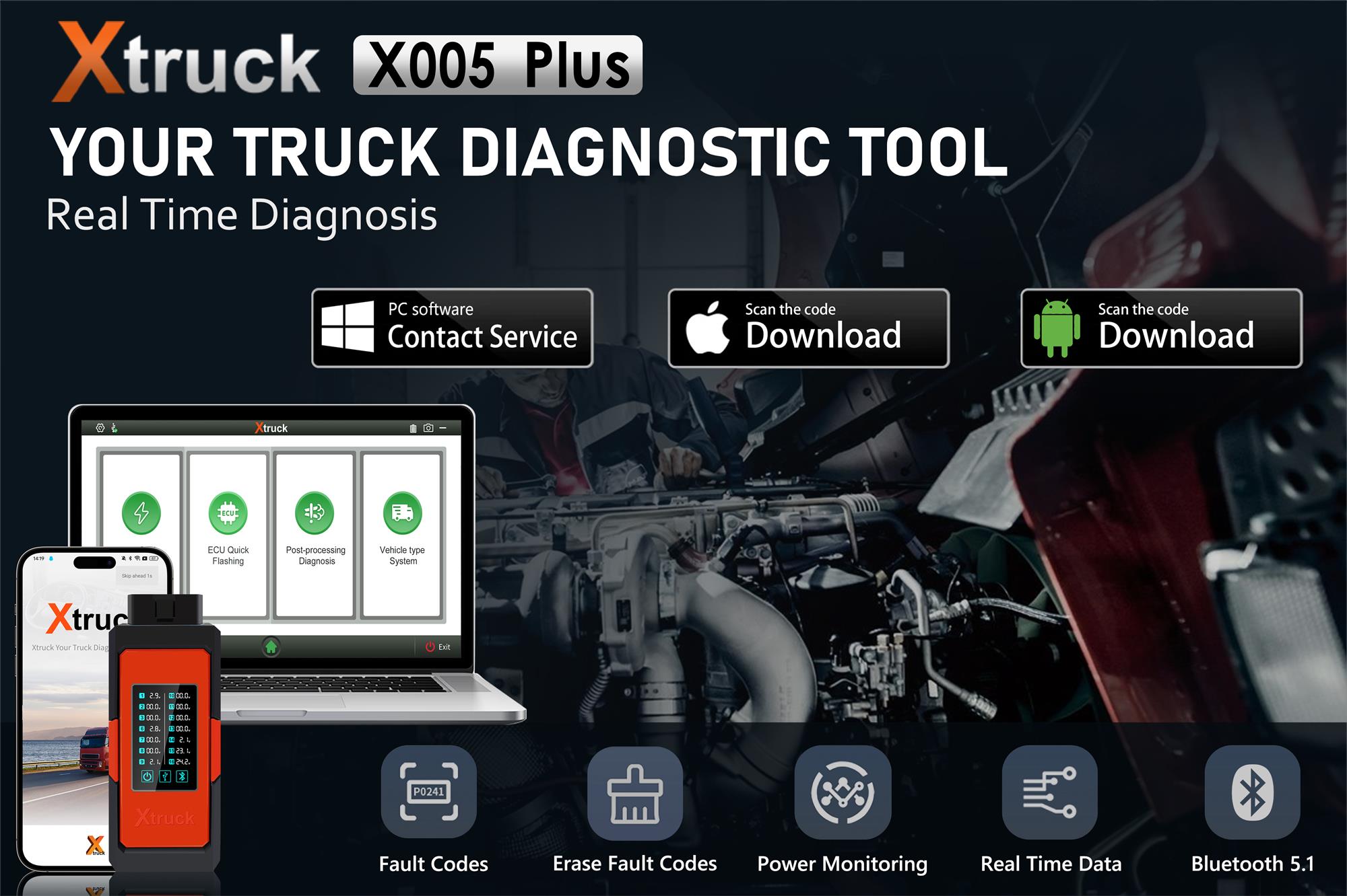 Xtruck X005 plus Intelligent Diagnosis ECU Quick Flashing post-processing diagnosis vehicle type system support SHACMAN,