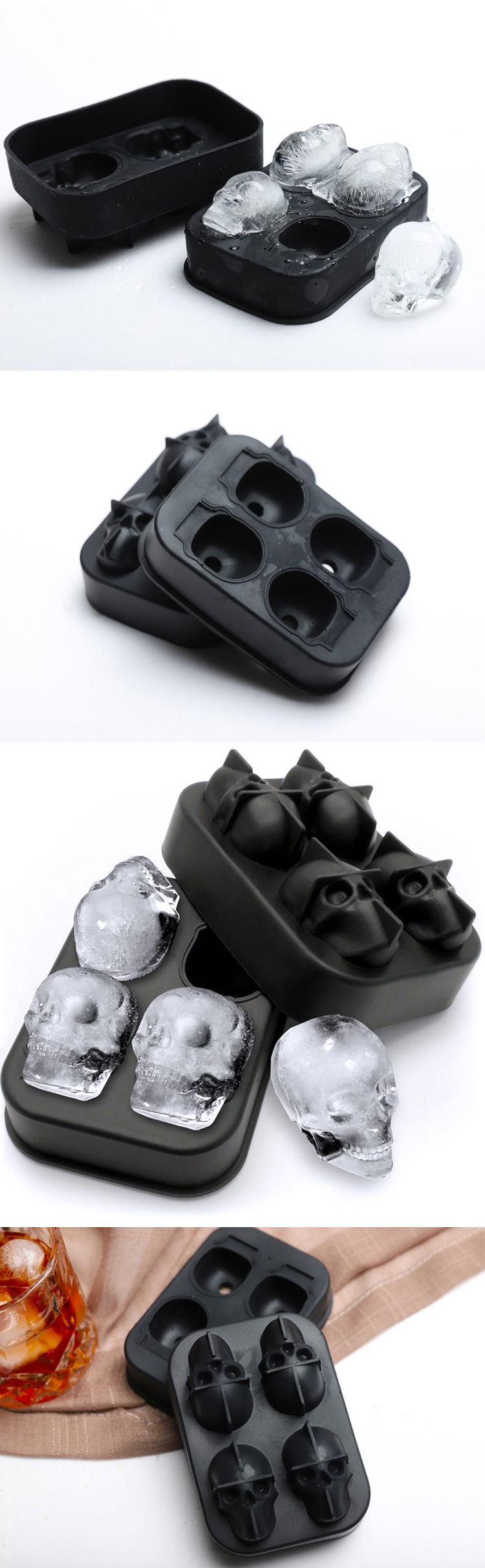 Eco Friendly 4 Grid 3D Skull Silicone Ice Cube Trays