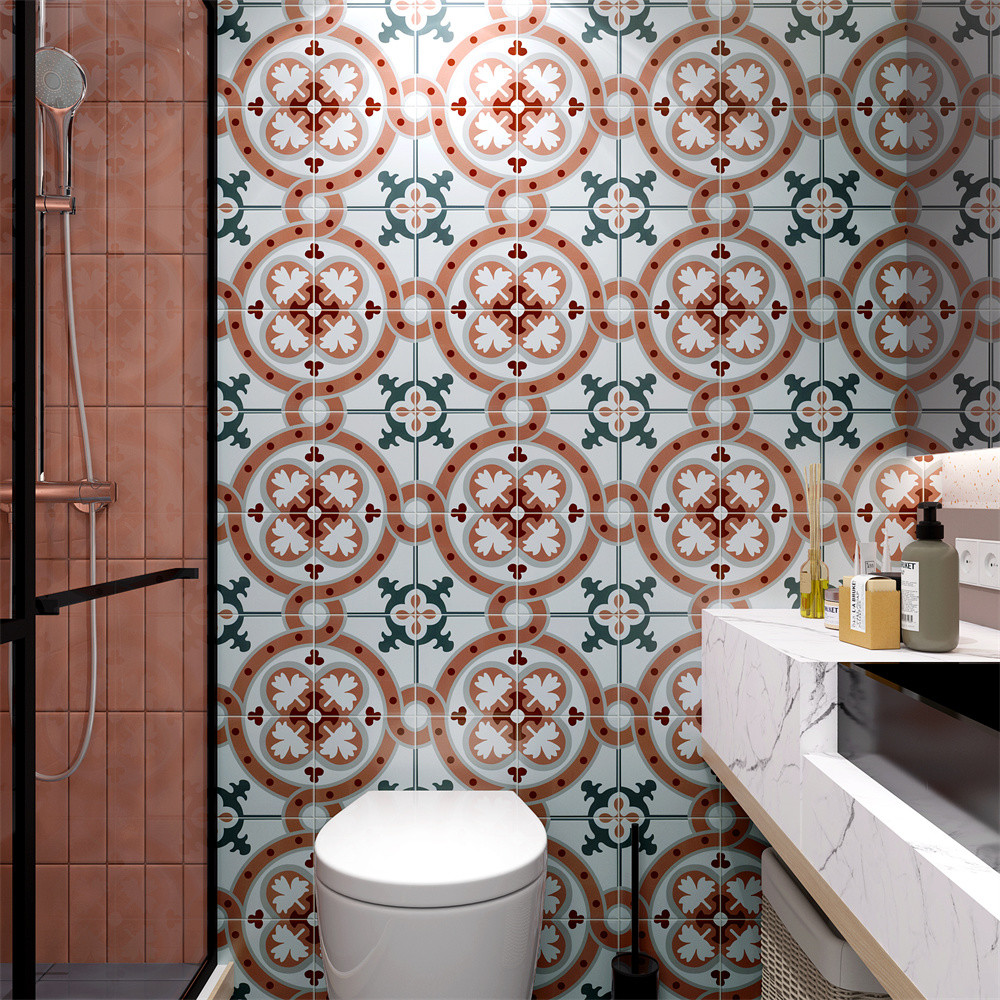 Non-Slip 200x200mm Inside Wall And Floor Floral Ceramic Rustic Tiles For Bathroom And Kitchen