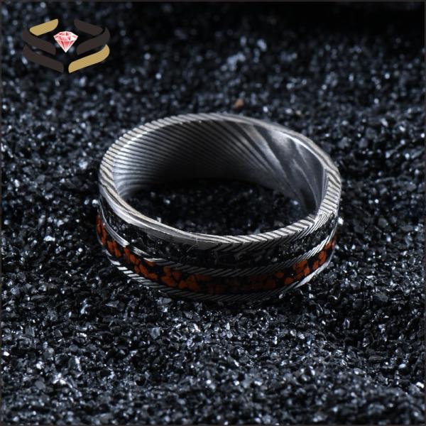 Round Flat Men Damascus Steel Wedding Bands 8mm With Meteorite And Dinosaur Bone Inlay