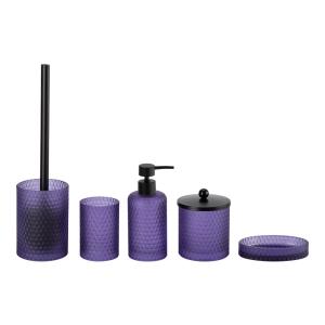 China 5pcs Glass Bathroom Accessories Set Purple Round Shape With Diamond Pattern Lotion Pump Bottle Tumbler wholesale