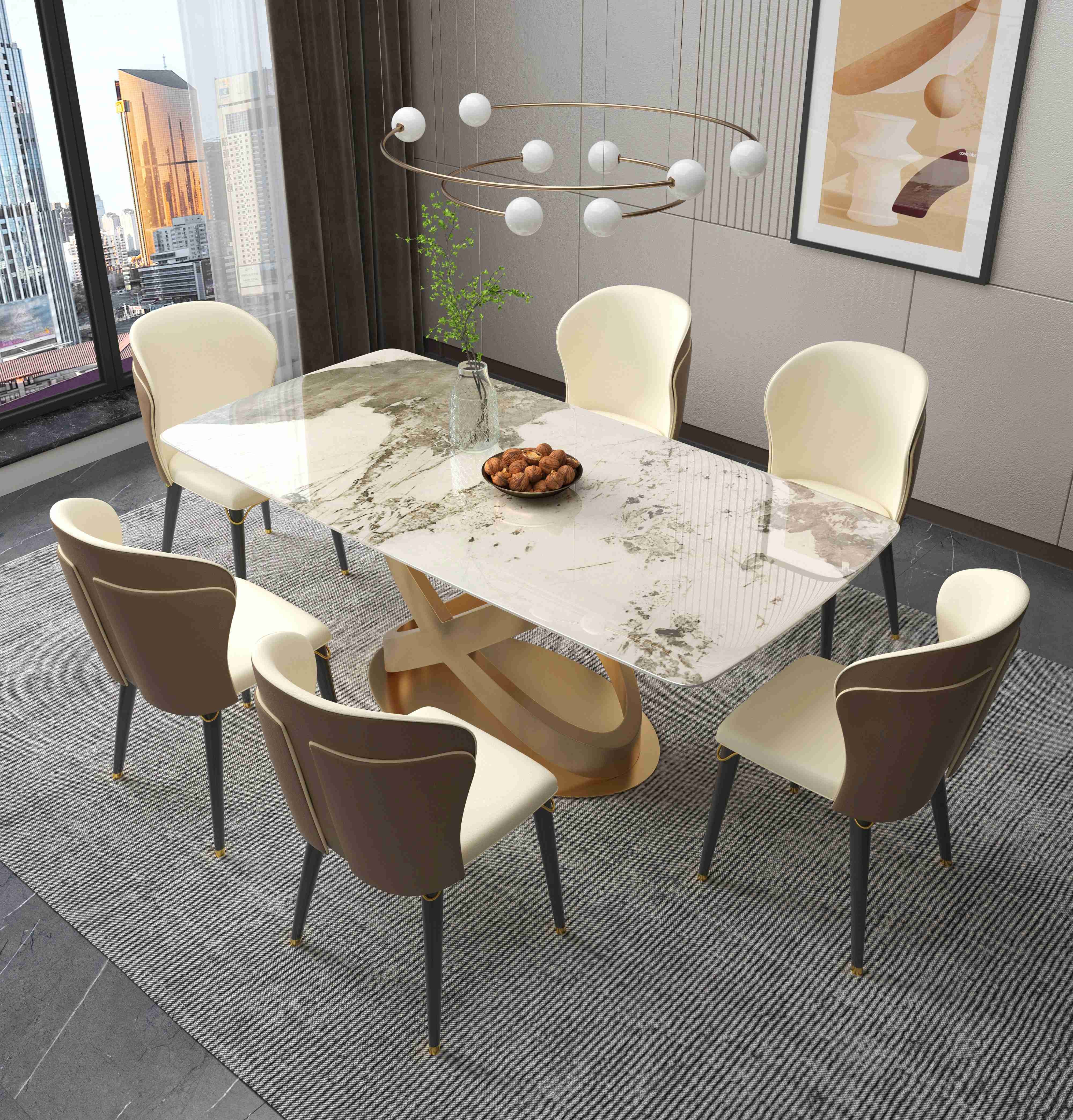 White Rectangular Stone Dining Table Chair Sets Bronze Pedestals
