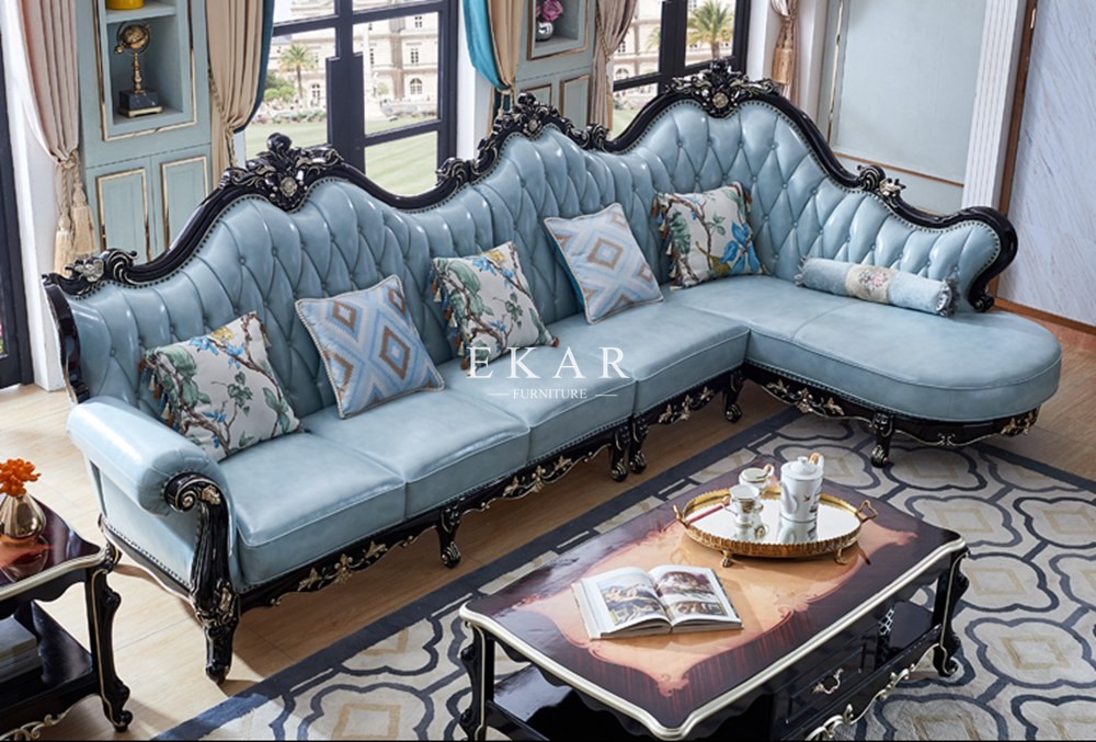 Drawing Room Luxury Leather Wooden Design L Shaped Sofa Set