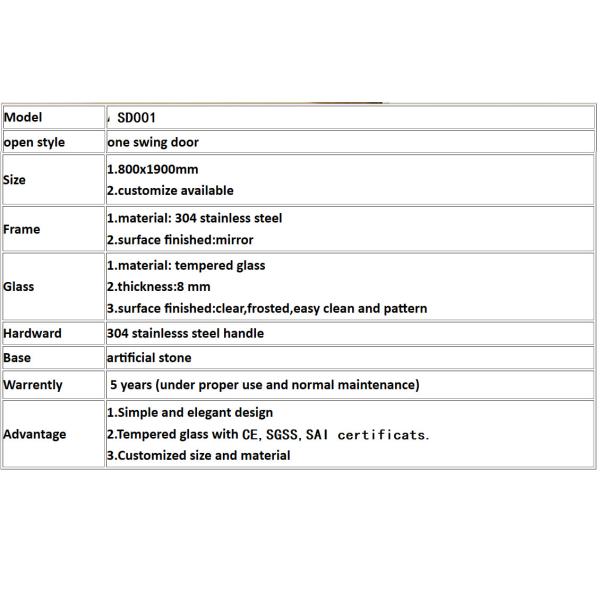 Customized Hinge Tempered Glass Door Frameless Single Swing Glass Shower Door