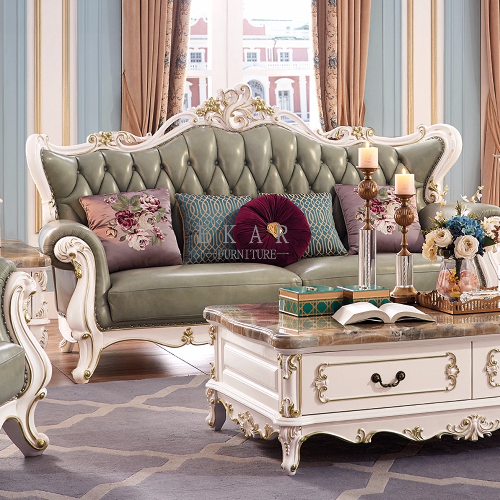 Leather Living Room Luxury Royal Wooden Sofa Set