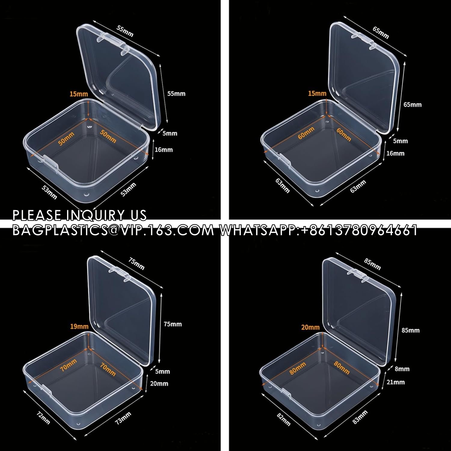 Mixed Sizes Rectangular Empty Mini Clear Plastic Organizer Storage Box Containers With Hinged Lids For Small Items