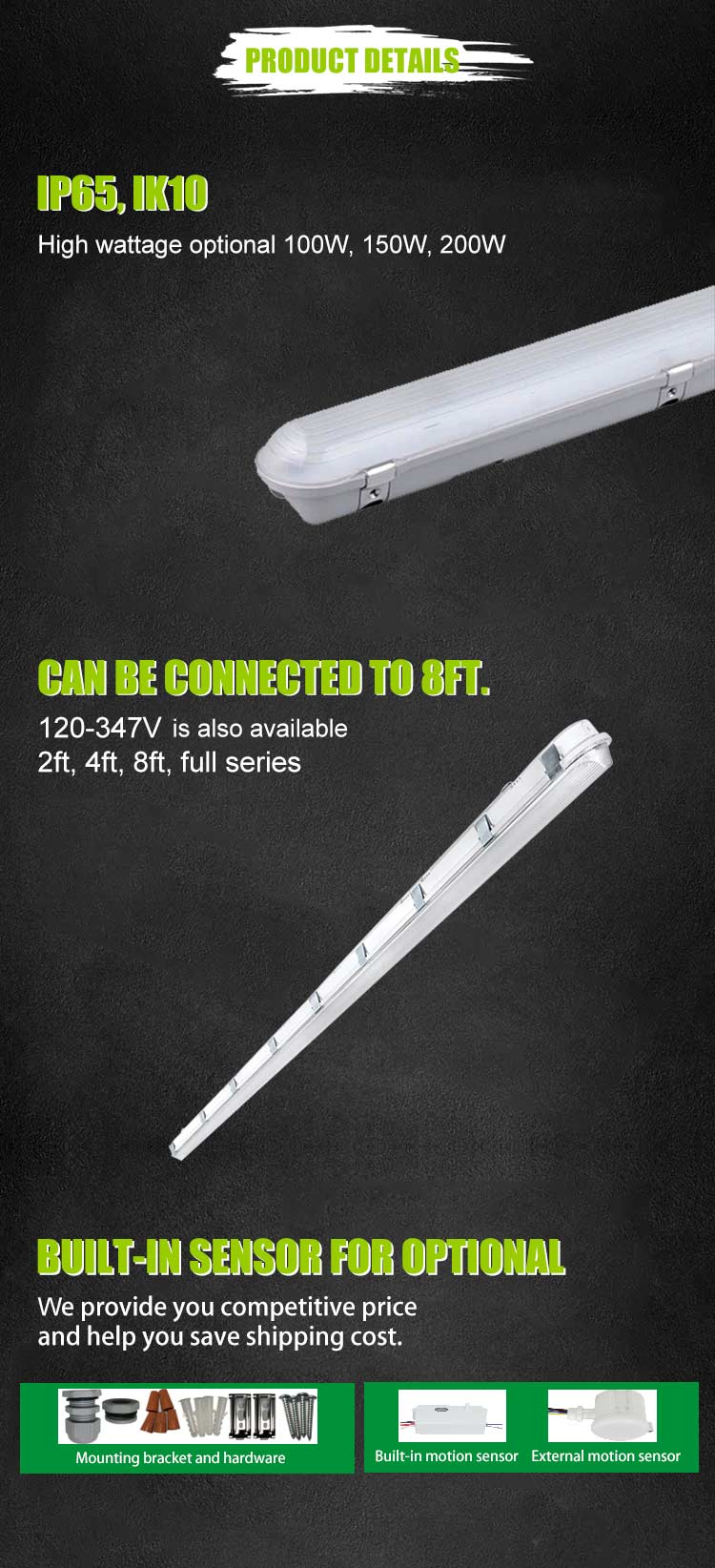 80 CRI 100W 8ft LED Vapor Tight Garage Light Fixture Waterproof Tri proof Light Fixture