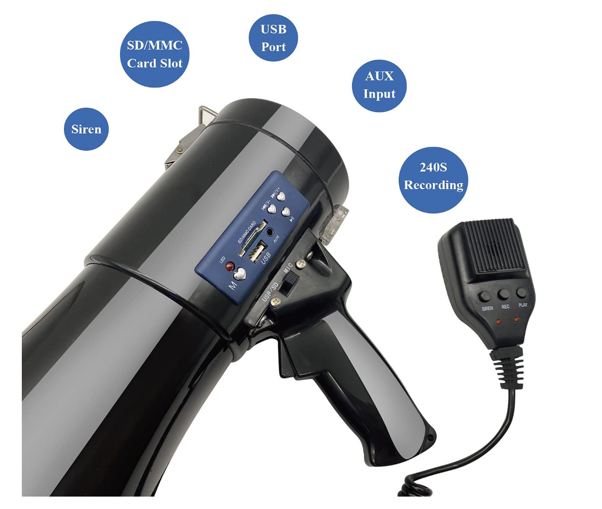 9.05 Inches Police Battery Powered Megaphone Bluetooth Speaker Built In Microphone