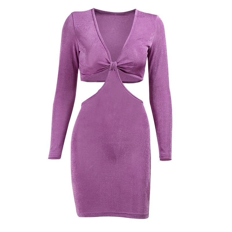 Hollow Back Bow Tie Long Sleeve V Neck Bodycon Dress Slim Hollow Stitching