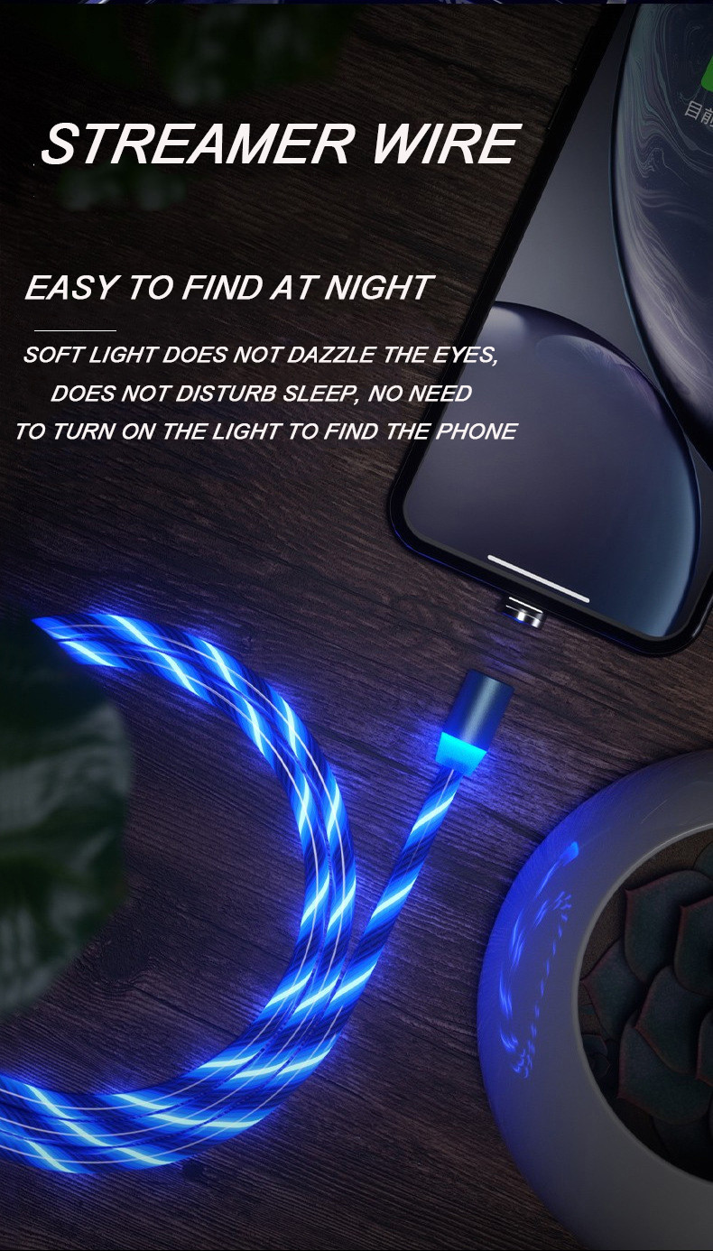 Magnetic LED 1m USB 2.0 Charging Cable For Micro Type C Lightning