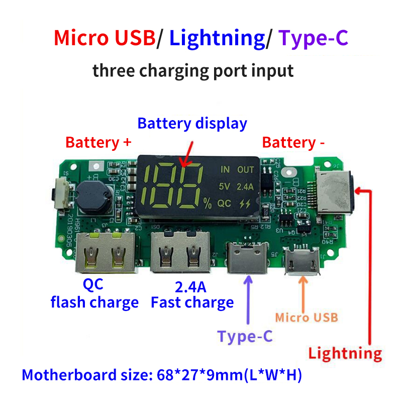 Dual USB 5V 2.4A Micro/Type-C LED USB Mobile Power Bank 18650 Charging Module Lithium Battery Charger Board Circuit Protection