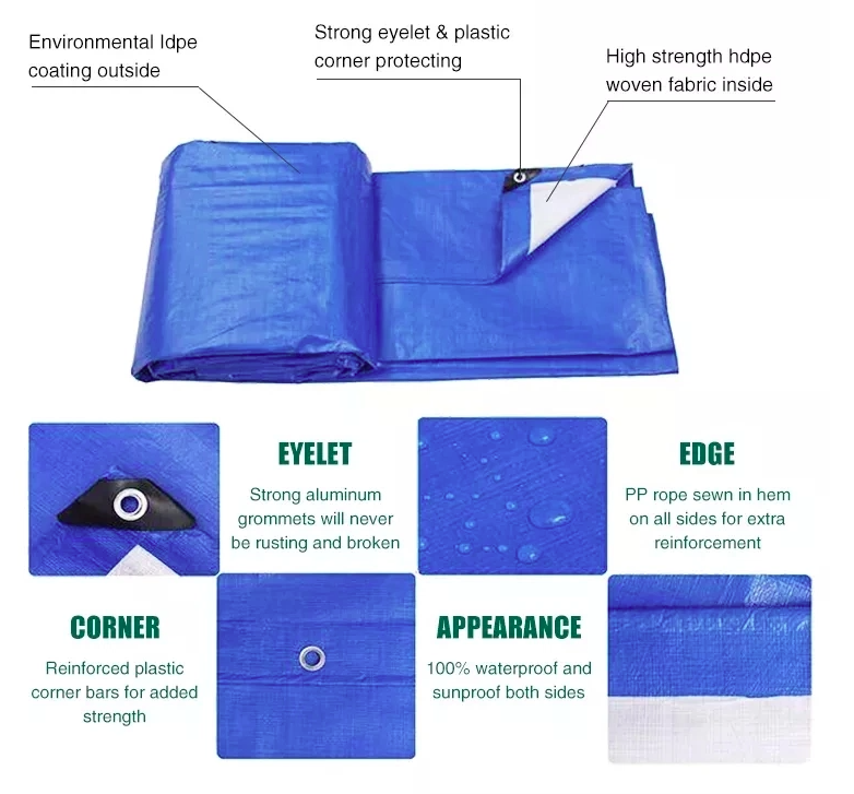 Coated PE Tarp Waterproof Light Weight Roof Cover Blue Polyethylene Tarpaulin Sheet PE