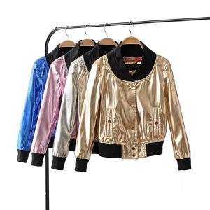 China Stylish Metallic Bomber Jacket Womens , Gold Nylon Jacket Zipper Closure wholesale
