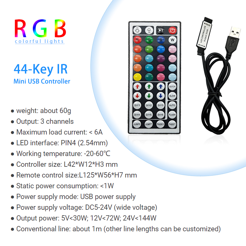 USB 5V Powered 44 Key IR Remote Controller For LED RGB Strip Light