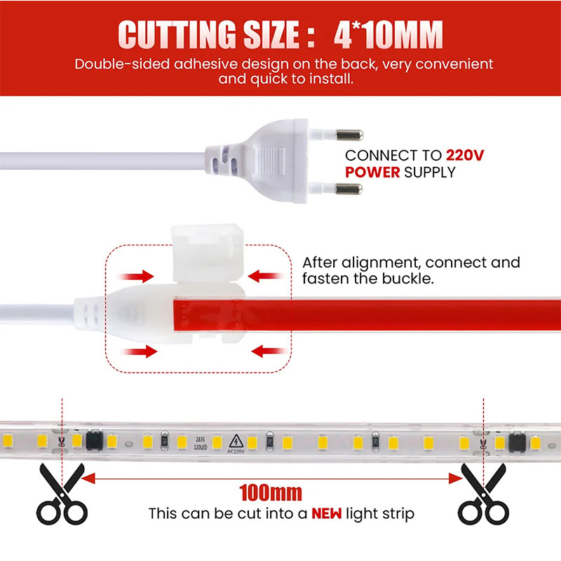 4000K High Brightness Electroplate 110v220v 10mm CE RoHs Ra80 SMD2835 Led Strip Light