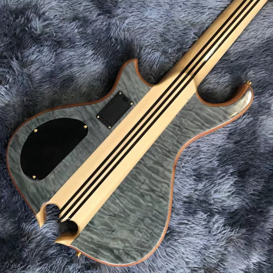 Custom Grand Neck Through Body Flamed Maple Top 5 Strings Bass Guitar Alem Cut Bottom Side LEDs