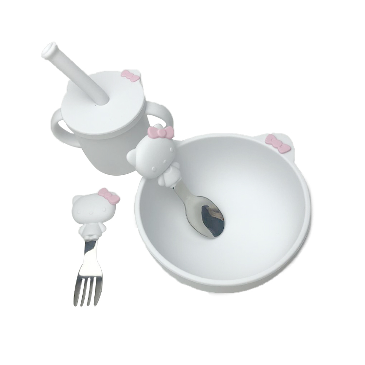 Customized Sizes Cartoon Kitten Shape Baby Silicone Feeding Set Bpa Free