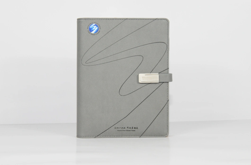 Grey High-Grade PU Leather Notebook with Magnetic U Disk Buckle, Customizable Logo