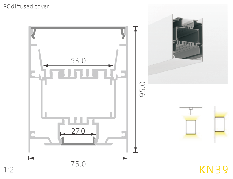 Led extrusion 100 lm/w 75*95mm Suspended Up And Down Lighting LED Profile