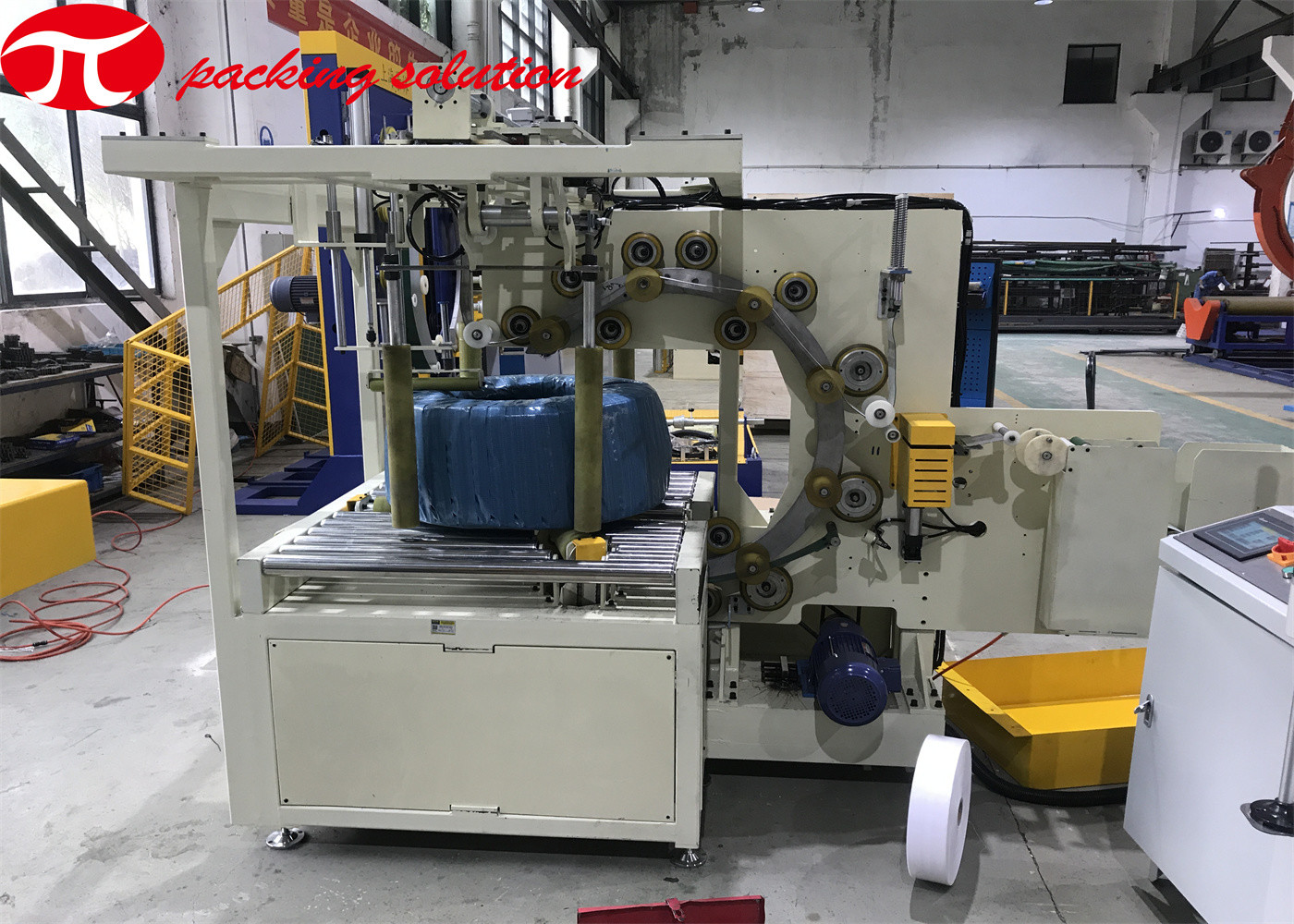 Automated PLC Control Vertical Pvc Hose Coil Packing Wrapping Machine4m/Min Roller Speed