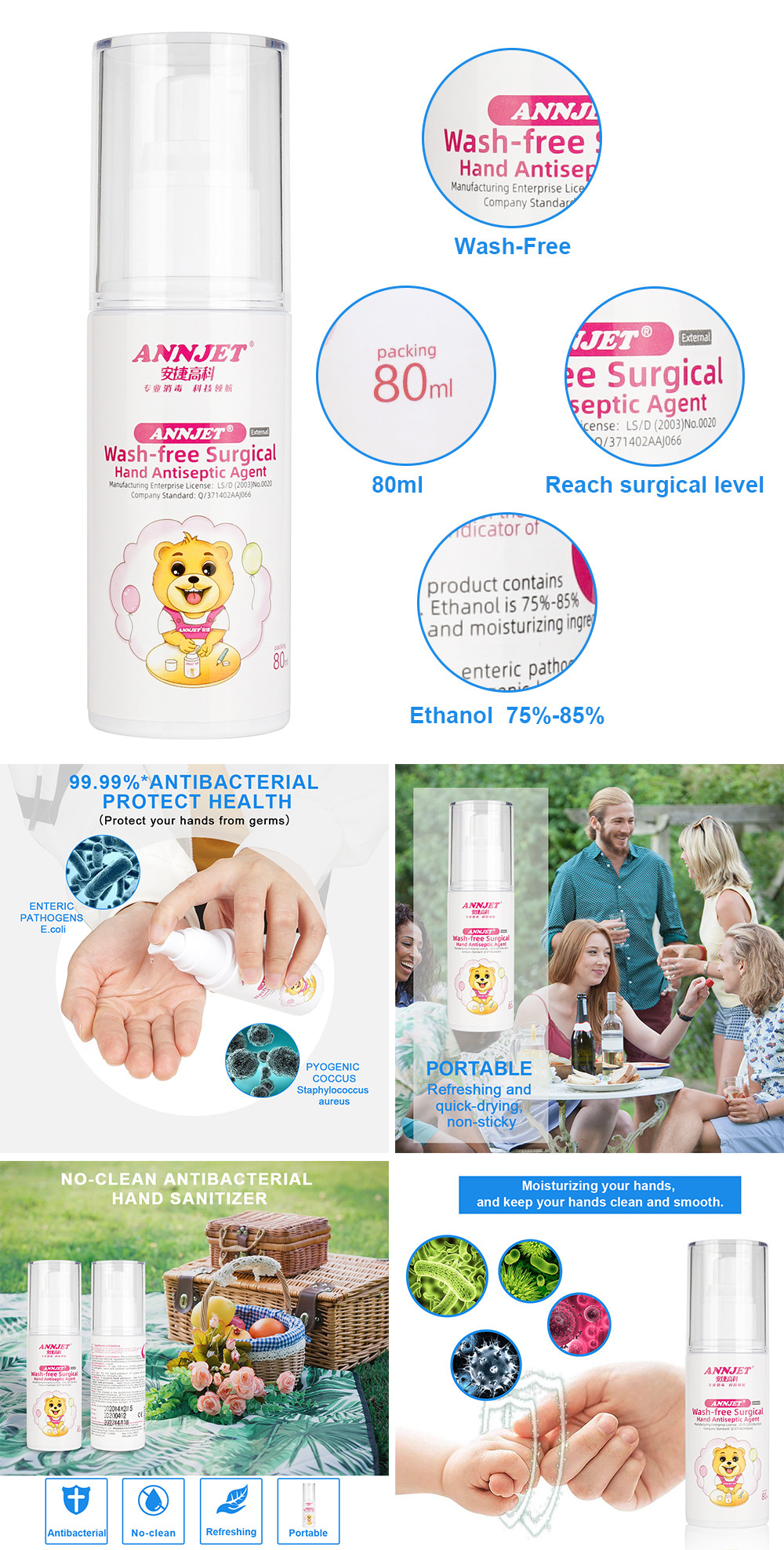 Waterless Instant Hand Sanitizer / Disinfectant 75% Alcohol Gel Hand Sanitizer