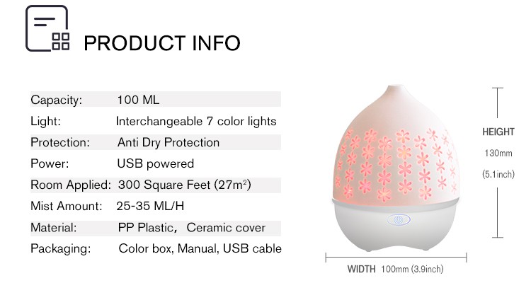 Ultrasonic Humidifier USB 70ML Ceramic Room Diffuser