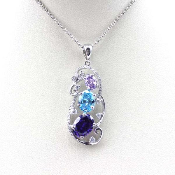 925 Silver Jewelry Oval Mix Blue Red Cubic Zircon Three Stones Pendant Necklace (PSJ0378)