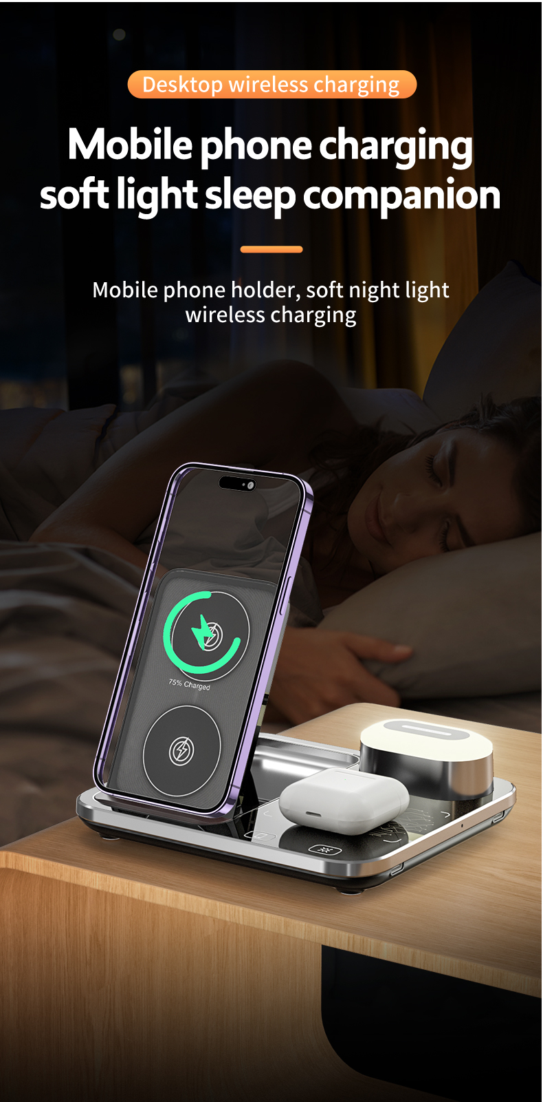 Multifunctional Wireless Charger for Earbuds and Phone 3 In 1 Desktop Fast Charging Station Input 9V/2A Size 165x141.3x13mm