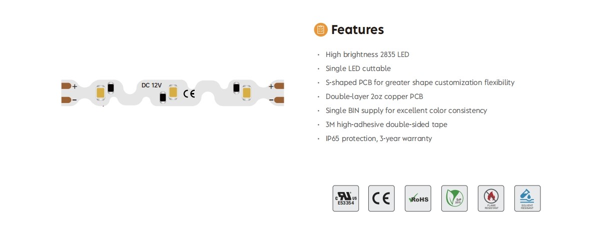 12V Flexible LED Strips S Shaped PCB Lighting High Brightness 2835 LED Neon Strips