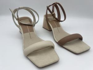 China Durable Beige Closed Toe Sandals , Real Wood Heeled Square Toe Ankle Strap Sandals wholesale