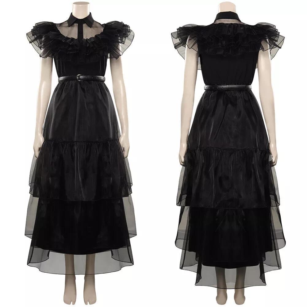 Wednesday Addams Family Costume Black Halloween Cosplay Dress for Girls and Children