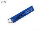 Personalized Embroidered Keychains Black Words On Red Background With Merrow