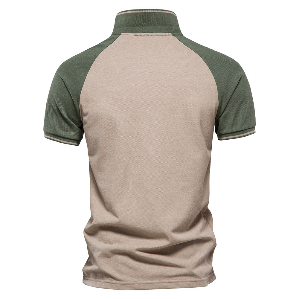 Spring Summer Men's Custom Polo Shirt with Two-Color Splicing and Zipper Front Design