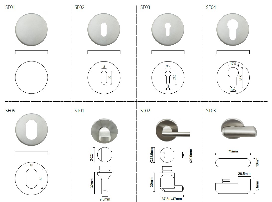 Rose options for flat door handle, flat door handle set, door lever