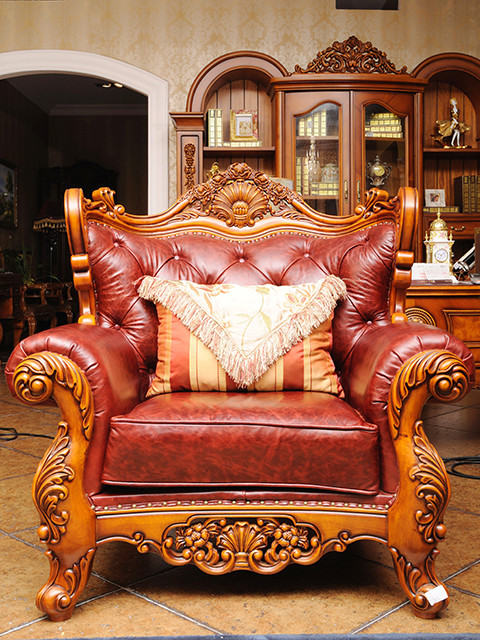 Top Grain Royal Wood Carved Baroque Sofa High Elastic Antique Leather Couch