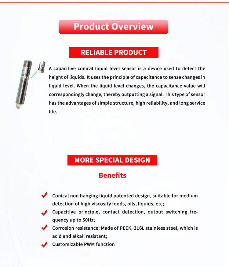 24VDC Capacitive Conical Liquid Level Sensor For High Liquid Level Change Detection