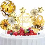 Birthday Paper Fans Banner Confetti Balloon Fireworks Golden Cupcake Topper For