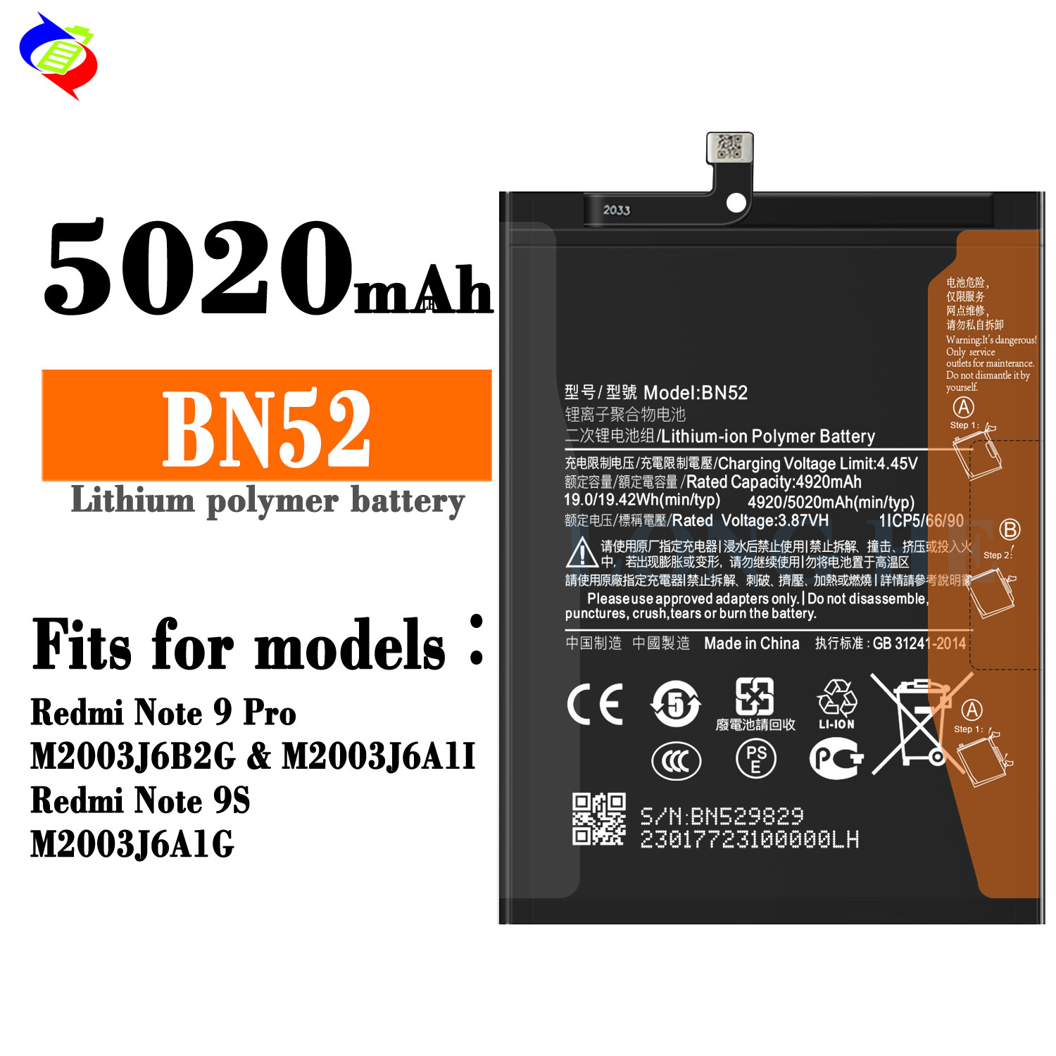 Note 9 Pro/Note 9S Mobile Phone Batteries BN52 Original Replacement Rechargeable Cells