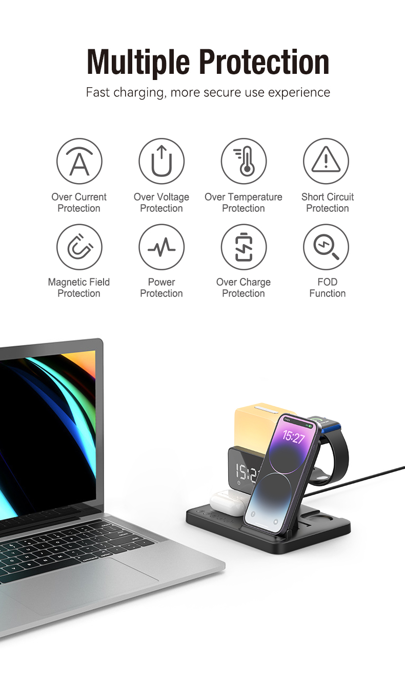 6 In 1 Wireless Fast Charger with Alarm Clock , 15W Mobile Phone Wireless Charger
