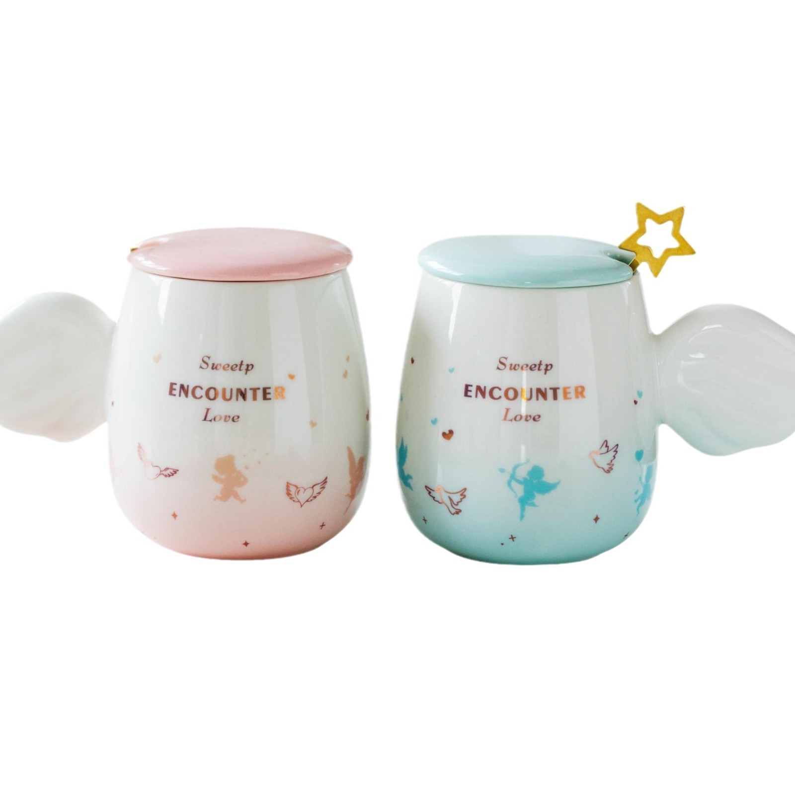Enchanting Ceramic Mug with Angel-Wing Handles amp Golden Star Stirrer Adorned with Soft Pink amp Light Blue Gradients