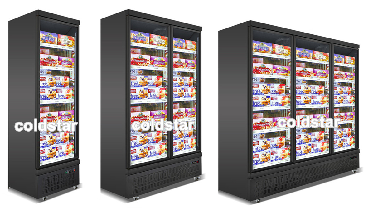 Commercial 2 Glass Doors Freezer With LED Supermarket Black Painted Steel Upright Deep Freezer