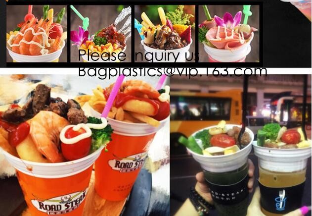 Flower Shaped 330ml PP Plastic Snack Plate With Cup Holder,Disposable PS Plastic Cup Top Snack Tray,Snack Cup With Straw
