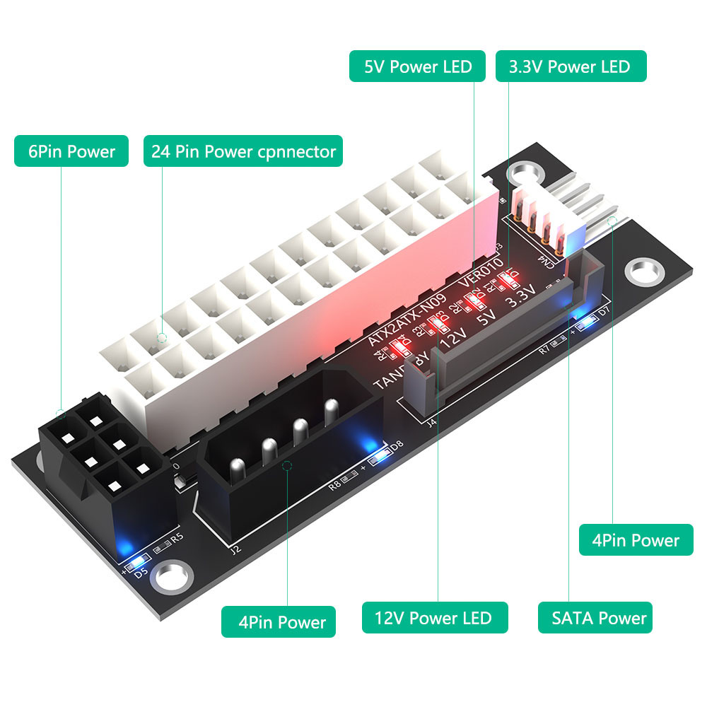 Computer Power Supply ATX 24PIN to Molex SATA 15Pin ATX 6Pin Power Connector Breakout Board
