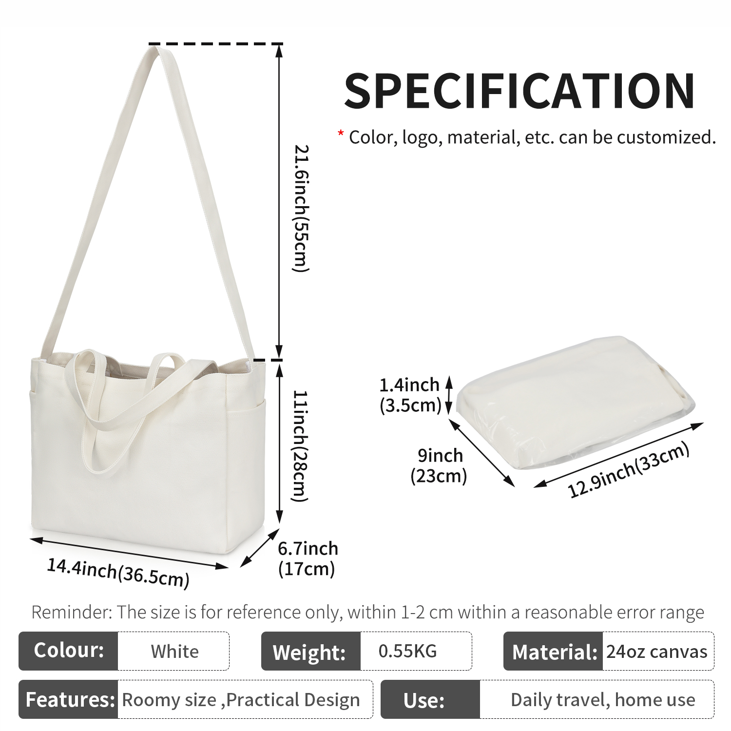 Foldable Grocery Canvas Reusable Shopping Bag Totes Long Handle 4.4x6.7x11"