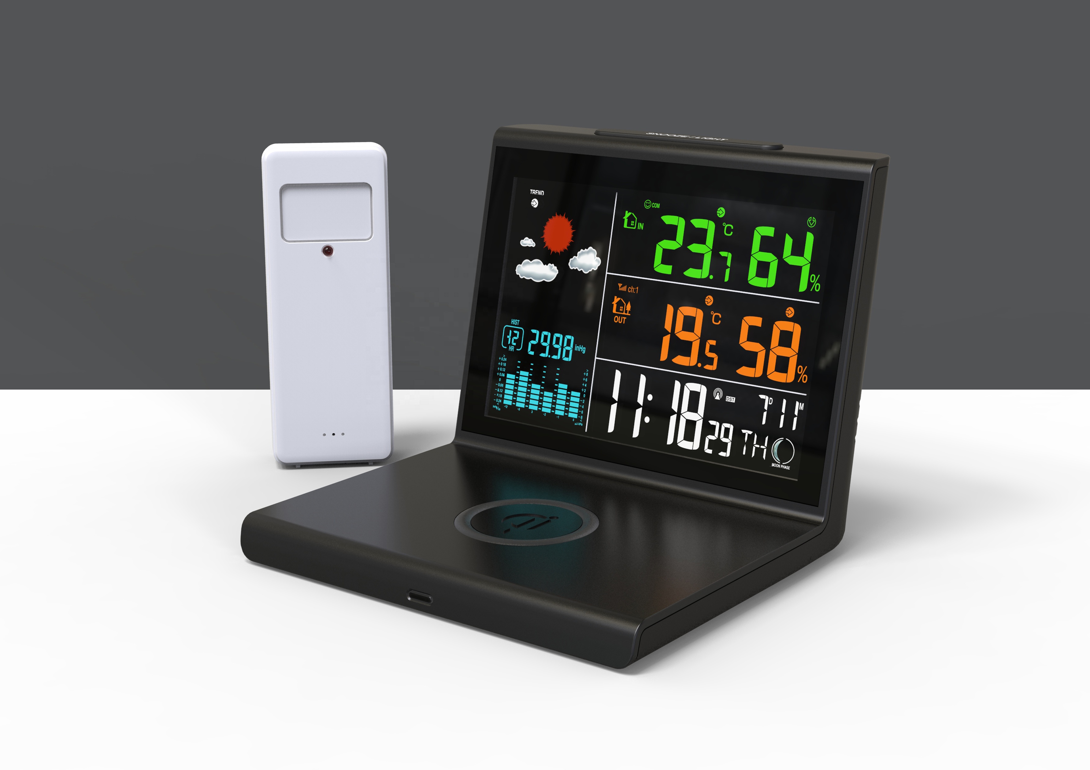 CE ROHS Home Weather Stations Plastic Wireless Weather Station With Wireless Charging Pad