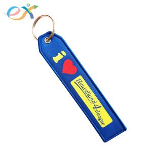 China Fashionable Custom Fabric Keyrings , Blue Bottom Rectangle Woven Key Tag wholesale