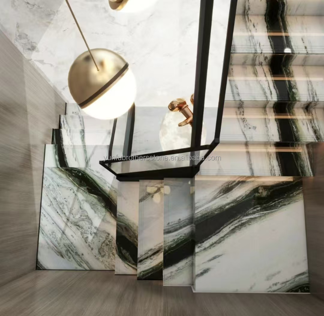 Modern Hotel Staircases Brothers Stone Panda White Marble Treads and Risers Anti Slip