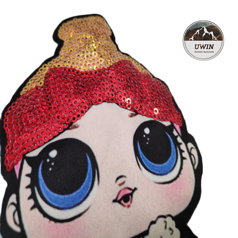 Durable LOL Doll Custom Woven Patches Sequin Material With Iron / Sewon Backing